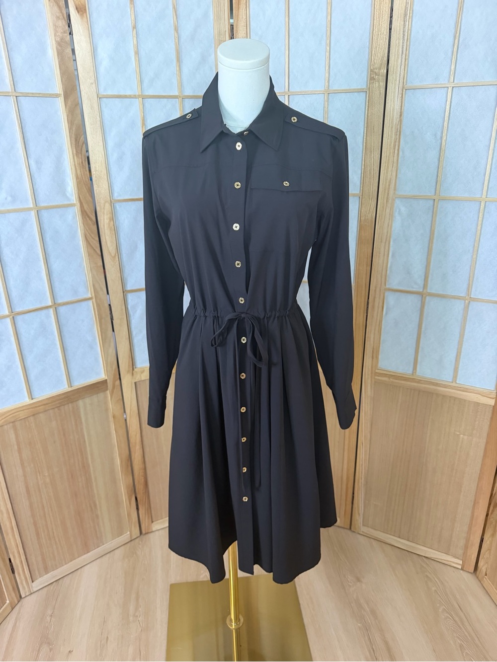 Calvin Klein Black Long-Sleeve Button-Front Shirt Dress